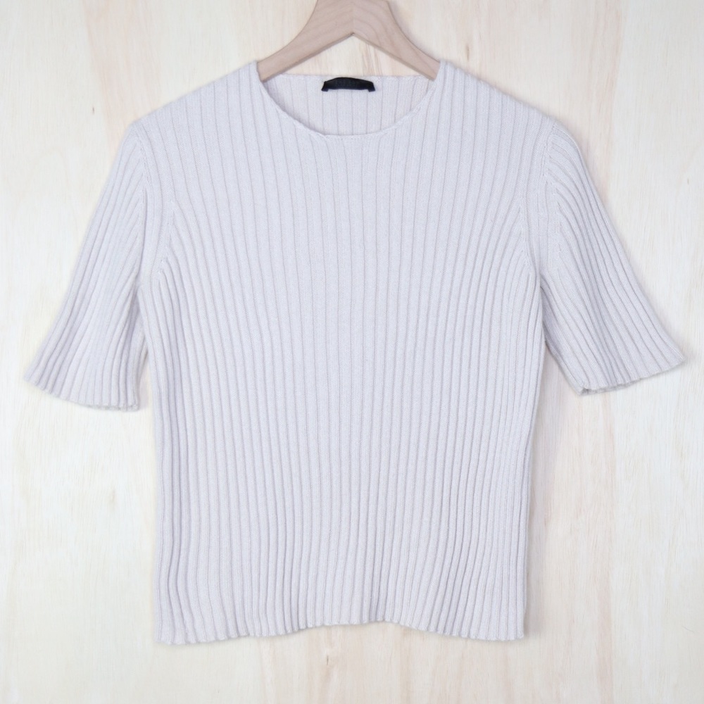 THE ROW Cashmere Blend Ribbed Short Sleeve Knit Shirt Cream Tan Size Small
